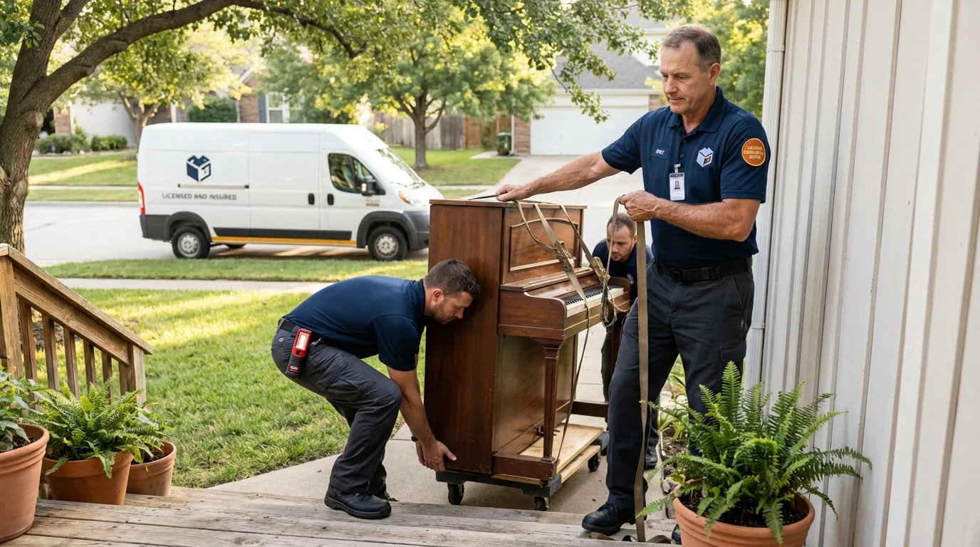 Licensed piano movers securing grand piano in Ayer, MA