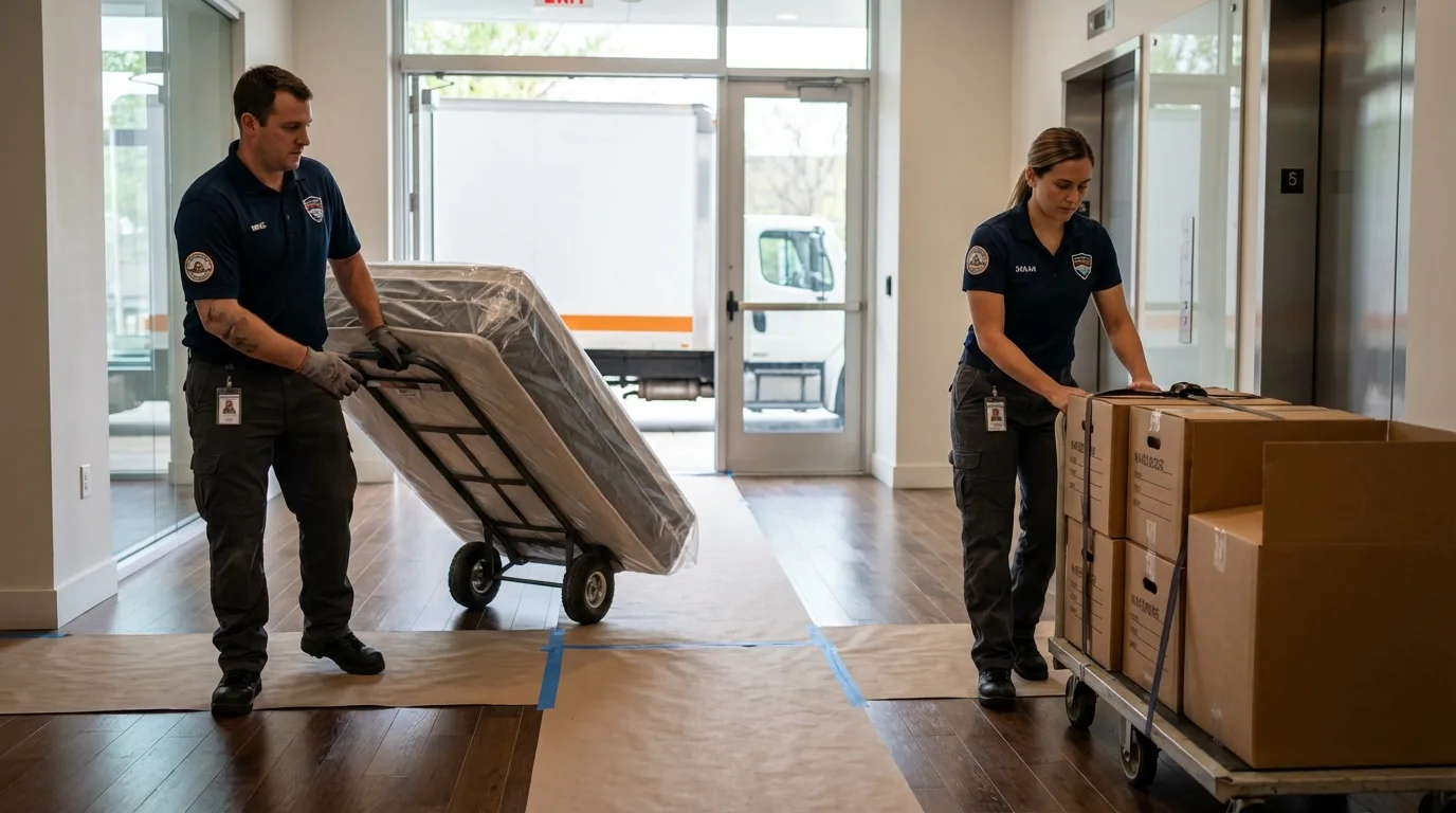 Professional apartment movers loading elevator in Ayer, MA