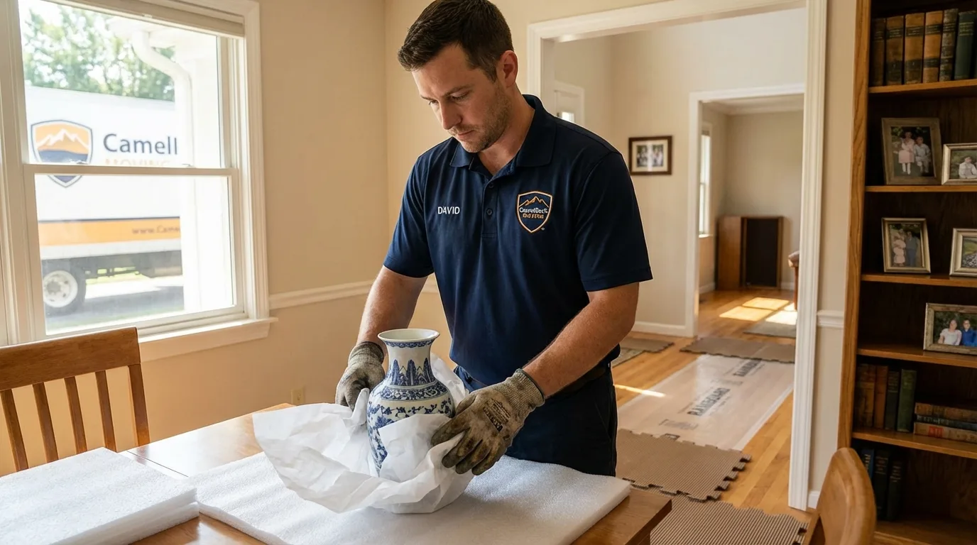 Professional crew carefully wrapping antique vase for senior downsizing move in Ayer, MA