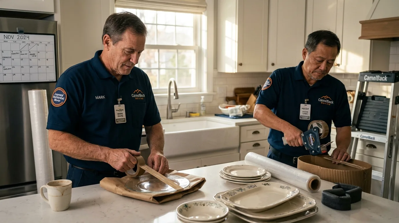 Professional crew packing kitchen dishware in Ayer, MA